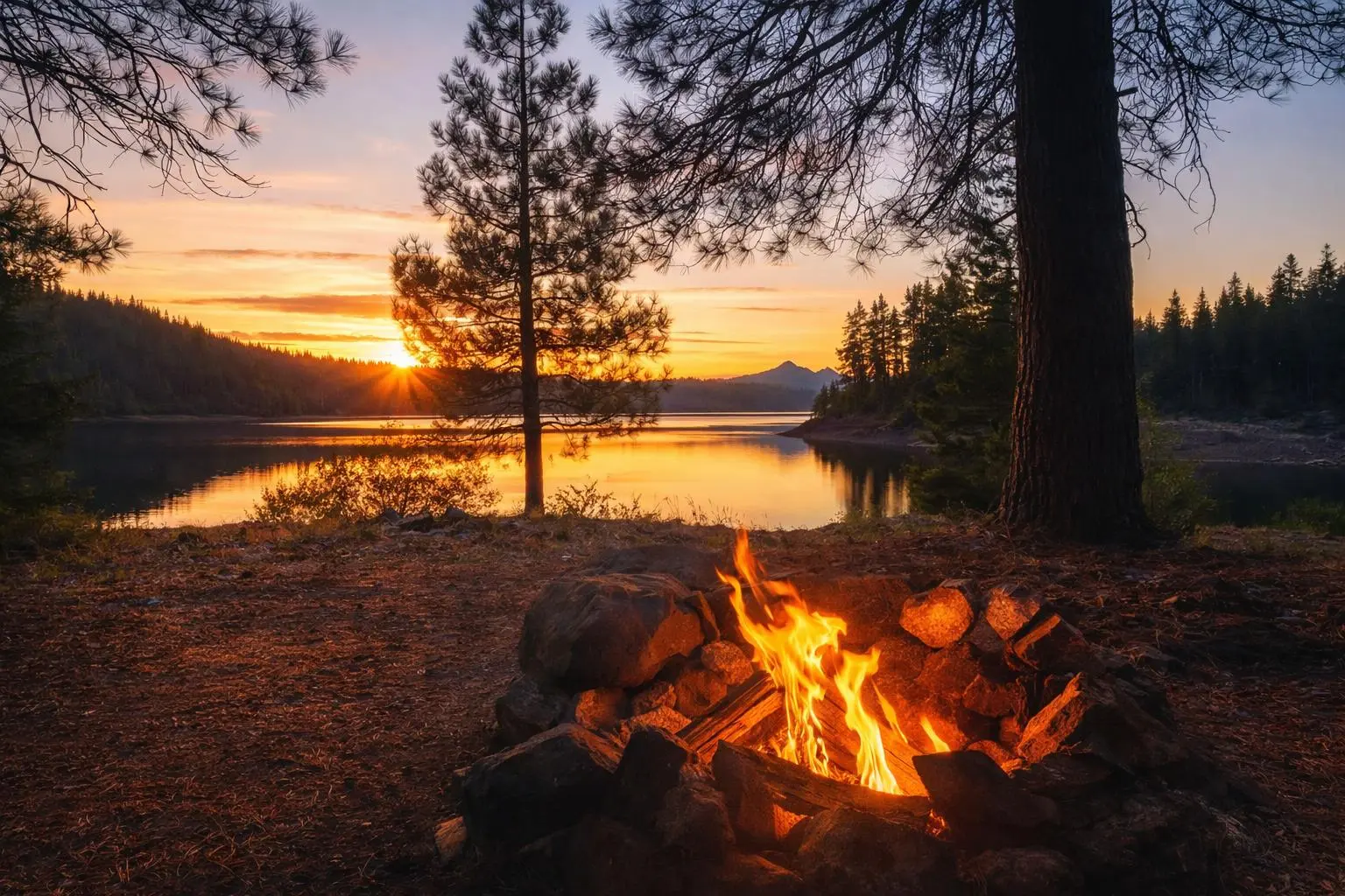 Campfire at sunset on the private shoreline, Jackson Meadows Reservoir